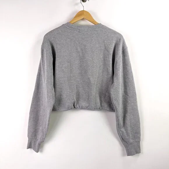The Vinyl Icons Size L Womens Long Sleeve Gray Football Bubble Hem Crop Top - Picture 4 of 6